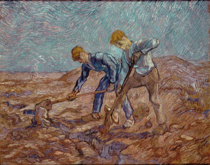 Les bêcheurs (d’après Jean-François Millet), 1889, Peinture à l’huile , 72 x 93 cm 
© Collectie Stedelijk Museum Amsterdam
La toile a été réalisée lors de son séjour à l’asile Saint-Paul-de-Mausole, à Saint-Rémy de Provence. On voit ici l’évolution du style de l’artiste, l’utilisation de la couleur, notamment du bleu de Delacroix.