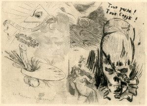 Félicien Rops, Le Bonheur est dans le crime, 1884, crayon et estompe sur papier, 28 × 18,7 cm. Fédération Wallonie-Bruxelles, en dépôt au musée Félicien Rops. Province de Namur, inv. CFR 125.