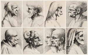Wenzel-Hollar-(1607–1677)-naar-Leonardo-da-Vinci-(1452–1519),-Karikaturale-koppen-van-mannen-en-vrouwen,-etsen,-1645.-Teylers-Museum-Haarlem