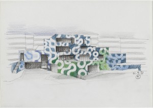 Jean-Philippe LENCLOS, école de Maradas, Cergy-Pontoise, Étude de façade, 1972 © Don du
designer coloriste, 2010 / Coll. Centre Pompidou, Paris, photo RMN-GP / Georges Meguerditchian