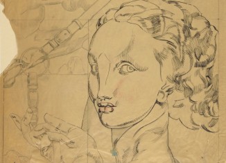 Étude de détail pour En robes de soie dans la forêt : tête du personnage féminin à droite, vers 1927.
Crayon graphite, estompe, plume et encre noire sur papier Vergé
17,1 x 12,5 cm 
