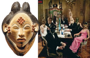 Okuyi-masker, Punu-Lumbo (cultuur), Gabon, begin 20ste eeuw,
Collectie Wereldmuseum Rotterdam, inv. nr. 30271, Lemaire 1950
+
Tony Saulnier, ‘À Paris, rue Jacob, le Dîner des collectionneurs de têtes’, 1966, gepubliceerd in ‘L’art nègre’, Univers Match.