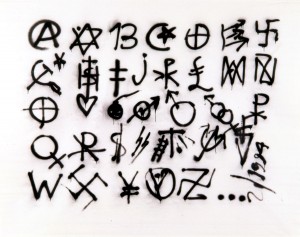 Jacques-Villeglé,-Alphabet-(bombage),-1994_Aérosol-sur-toile-synthétique,-170-x-210-cm_Collection-particulière,-Paris-©-ADAGP,-Paris-2019