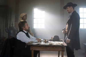 (L-R): Zainab Jah as Harriet Tubman, Ethan Hawke as John Brown and Rafael Casal as John Cook