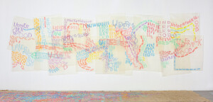 Giorgio Griffa, Undermilkwood {Dylan Thomas}, 2019. Peinture acrylique sur toile (tarlatane). 200 x 650 cm. Photo : Giulio Caresio, courtesy Archivio Giorgio Griffa. © Adagp Paris, 2020