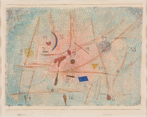 Paul Klee, 17 Gewürze (17 épices), 1932, 69. Peinture à l'eau, peinture à l'huile(?) et encre sur tissu contrecollé
sur carton. 47,3 x 56,9 cm. LaM, Musée d'art moderne, d'art contemporain et d'art brut de Lille Métropole.
Photo: Philip Bernard
