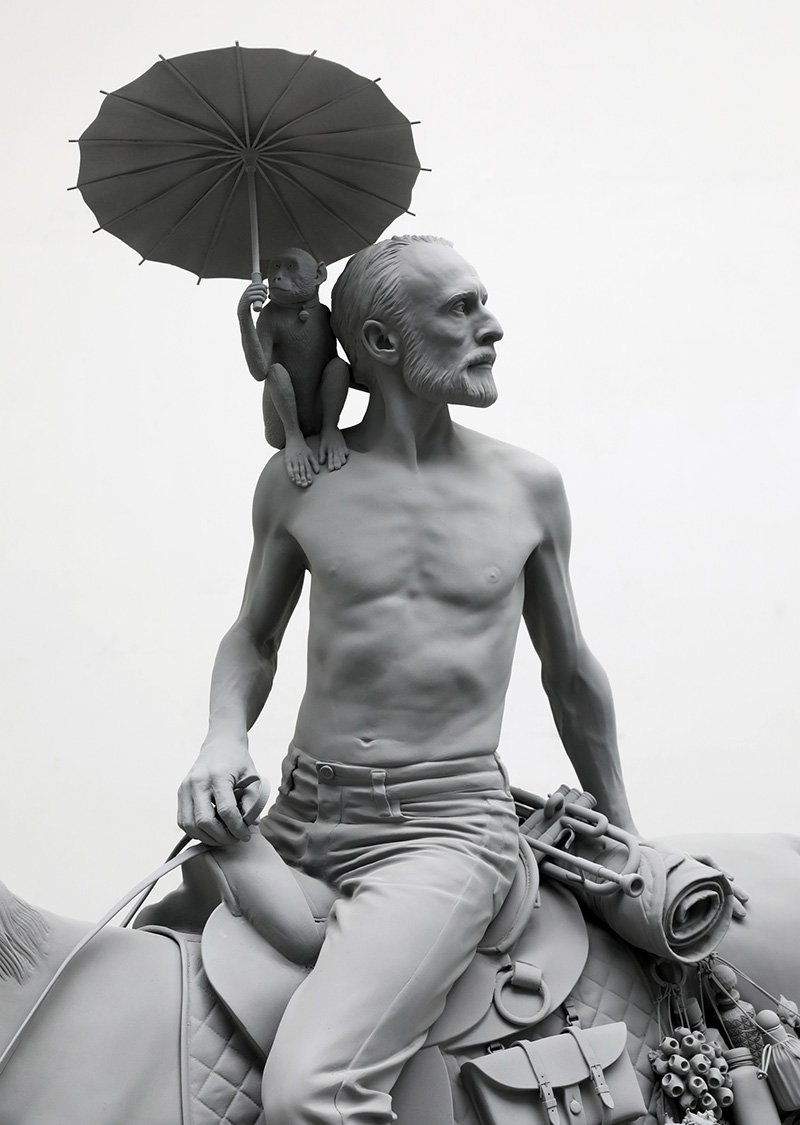 The Horseman , sculpture, 2020, 215 × 92 × 243 cm, polyester, acier, revêtement polyamide, laiton © Studio Hans Op de Beeck, ADAGP, Paris, 2023