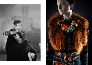 À gauche : Man Ray, Nancy Cunard, 1926 © Centre Pompidou, MNAM-CCI, dist. Rmn-Grand Palais / Man Ray 2015 Trust /
Sabam Belgium 2023
À droite : Dries Van Noten, Autumn-Winter 2008-09 © MoMu, photo : Stany Dederen