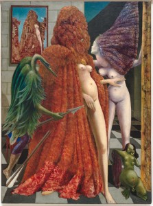 Max Ernst, Attirement of the Bride | La Toilette de la mariée | Het aankleden van de bruid (1940)
Oil on canvas | huile sur toile | olieverf op doek (129,6 x 96,3 cm)
Collezione Peggy Guggenheim, Venezia (Fondazione Solomon R. Guggenheim, New York)
© Sabam Belgium, 2024