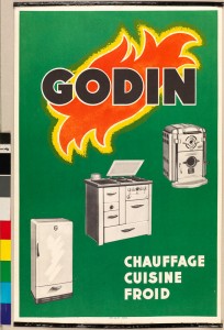 Affiche « Godin : Chauffage, Cuisine, Froid ». Imprimerie S.E.R.T., vers 1953. Lithographie. Collection Familistère de Guise.
