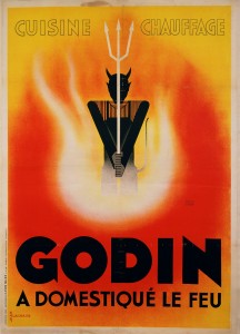 Affiche « Godin a domestiqué le feu ». Dessin de Jean Lachaux, Imprimerie Léon Nuez, 1933. Lithographie. Archives départementales de l’Aisne, fonds Godin.