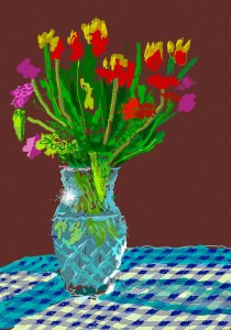 David Hockney, 24th February 2021, 
Red, Yellow and Purple Flowers on a Blue
Tablecloth, iPad painting printed on paper 
© David Hockney, Courtesy Galerie Lelong
