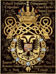 Jacques Le Boucq (attr.), Armoiries de Charles Quint, 1559, huile sur bois – Gand, Kerkfabriek van de Sint-Baafskathedraal, inv. 433
© collection Sint-Baafskathedraal Gent, artinflanders.be, domaine public